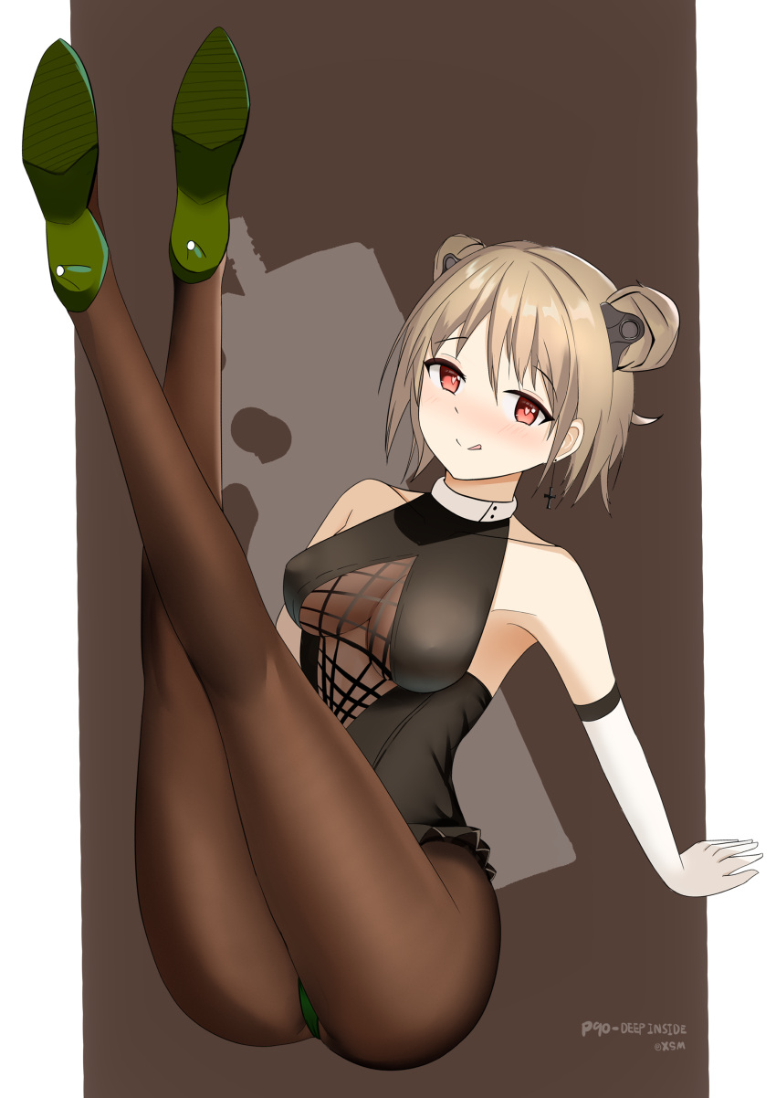 absurdres artist_name black_pantyhose blush breasts character_name closed_mouth covered_nipples cross cross_earrings crossed_legs double_bun earrings elbow_gloves female girls'_frontline gloves green_footwear hair_bun hands_on_floor high_heels highres jewelry legs_up light_brown_hair looking_at_viewer medium_breasts medium_hair on_floor p90_(girls'_frontline) pantyhose red_eyes simple_background solo tongue tongue_out white_gloves xue_shiming