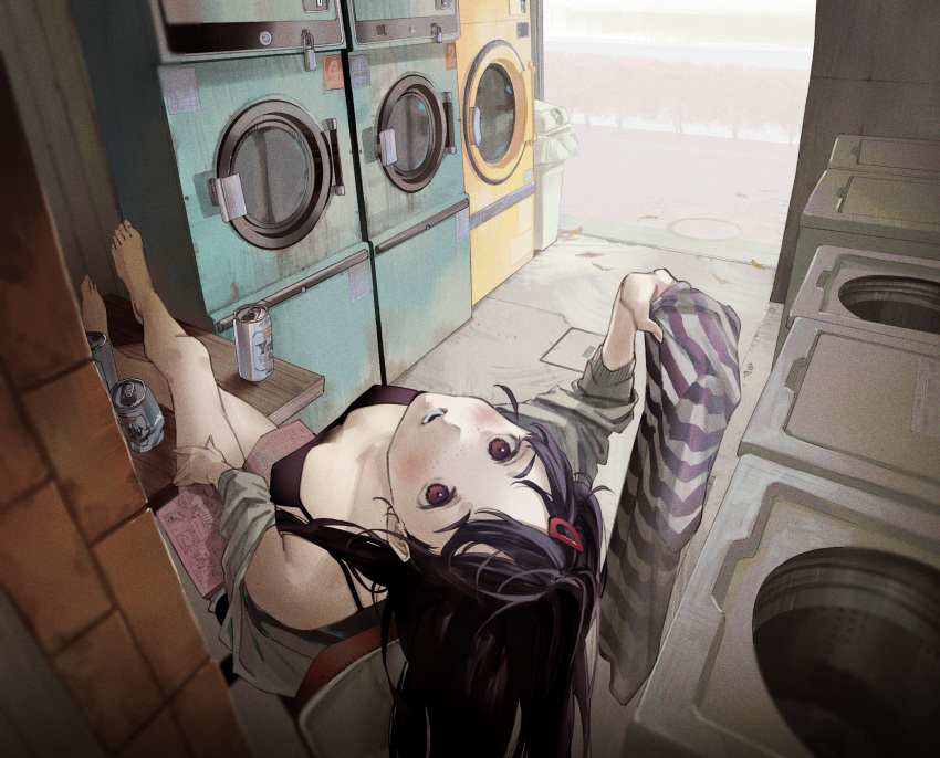 absurdres black_hair breasts brown_eyes can clothes_dryer commentary downblouse feet_on_table female from_above hair_ornament hairclip head_back highres holding holding_clothes holding_shirt indoors laundromat long_hair looking_at_viewer looking_back magazine_(object) matsuura_kento original shirt sitting small_breasts top-load_washing_machine trash_can washing_machine