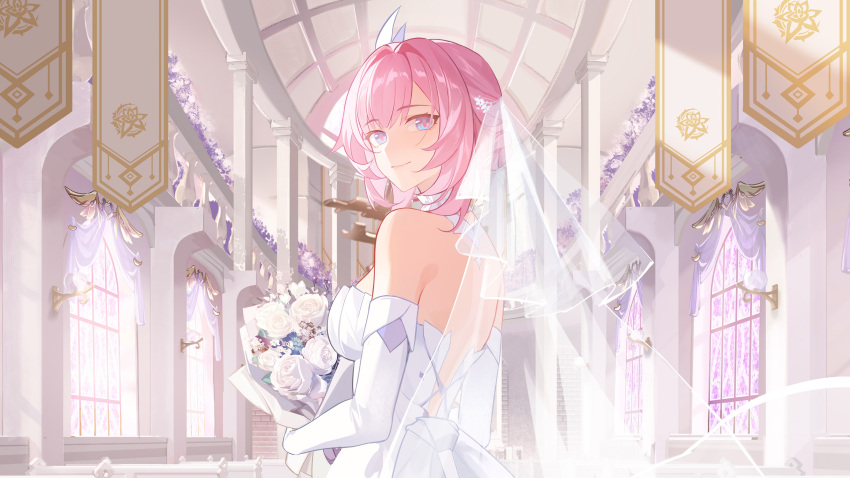 absurdres alternate_costume banner bare_shoulders blue_eyes bouquet closed_mouth commentary_request curtains dress elbow_gloves elysia_(honkai_impact) female fengtu_ad flower from_behind gloves highres holding holding_bouquet honkai_(series) honkai_impact_3rd looking_at_viewer pillar pink_hair rose short_hair smile solo stained_glass upper_body veil wedding_dress white_dress white_flower white_gloves white_rose