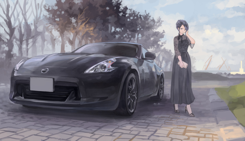 black_dress black_eyes black_footwear black_hair black_scarf car dress female hand_on_own_cheek hand_on_own_face high_heels highres holding holding_notepad looking_to_the_side momo_hiki motor_vehicle nissan nissan_370z nissan_fairlady_z notepad original outdoors personification scarf sports_car vehicle_and_personification vehicle_focus