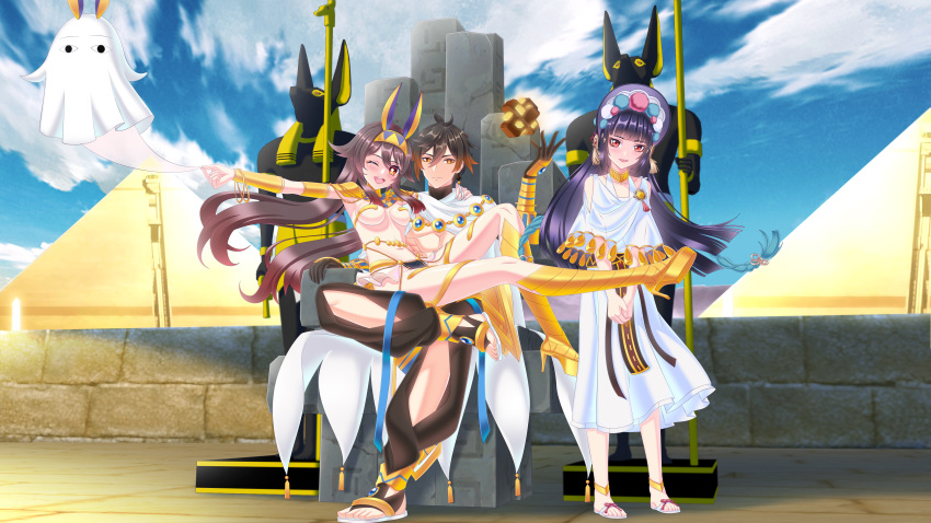 <o>_<o> 1boy 2girls :| absurdres alternate_costume animal_ears baggy_pants black_gloves black_hair black_headwear blunt_bangs blush bonnet boo_tao_(genshin_impact) bracelet braid breasts brown_hair cape closed_mouth cloud cloudy_sky coat colored_tips commission cosplay cowgirl_position crossover dark_skin day diamond-shaped_pupils diamond_(shape) dress earrings egyptian egyptian_clothes eyeliner eyeshadow face-to-face fate/grand_order fate/prototype fate/prototype:_fragments_of_blue_and_silver fate_(series) floating floating_object flower-shaped_pupils full_body ganerz genshin_impact ghost ghost_costume gloves gradient_hair hair_between_eyes hand_on_another's_shoulder hand_up highres hime_cut hu_tao_(genshin_impact) incredibly_absurdres jackal_ears jewelry loincloth long_hair looking_at_viewer makeup medium_breasts medjed_(fate) medjed_(fate)_(cosplay) microskirt mixed-language_commentary multicolored_clothes multicolored_hair multicolored_headwear multiple_girls navel nefertari_(fate) nefertari_(fate)_(cosplay) nitocris_(fate) nitocris_(fate)_(cosplay) nitocris_(third_ascension)_(fate) one_eye_closed open_mouth outdoors own_hands_together ozymandias_(fate) ozymandias_(fate)_(cosplay) pants purple_hair pyramid_(structure) red_eyes red_eyeshadow second-party_source sheet_ghost sidelocks single_earring sitting sitting_on_person skirt sky smile star-shaped_pupils star_(symbol) statue straight symbol-shaped_pupils tassel tassel_earrings teeth throne toned toned_male twin_braids twintails upper_teeth_only usekh_collar vision_(genshin_impact) white_cape white_coat white_dress yellow_eyes yun_jin_(genshin_impact) zhongli_(genshin_impact)