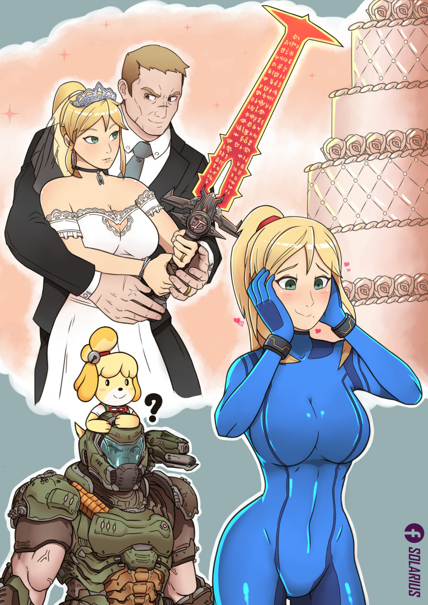 1boy 2girls ? animal_crossing artist_name assault_visor blonde_hair blue_bodysuit blue_visor blush bodysuit breasts bridal_veil bride cake carrying choker cleavage crossover crucible_(doom) doom_(series) doom_eternal doomguy dress energy_sword facebook_username food green_eyes groom highres holding holding_sword holding_weapon hug hug_from_behind husband_and_wife imagining isabelle_(animal_crossing) jewelry large_breasts mark_of_the_doom_slayer metroid mole mole_under_eye multiple_crossover multiple_girls ponytail praetor_suit ring samus_aran scar shoulder_cannon shoulder_carry skin_tight solarius straight super_smash_bros. sword tiara veil weapon wedding wedding_cake wedding_cake_cutting wedding_dress wedding_ring zero_suit