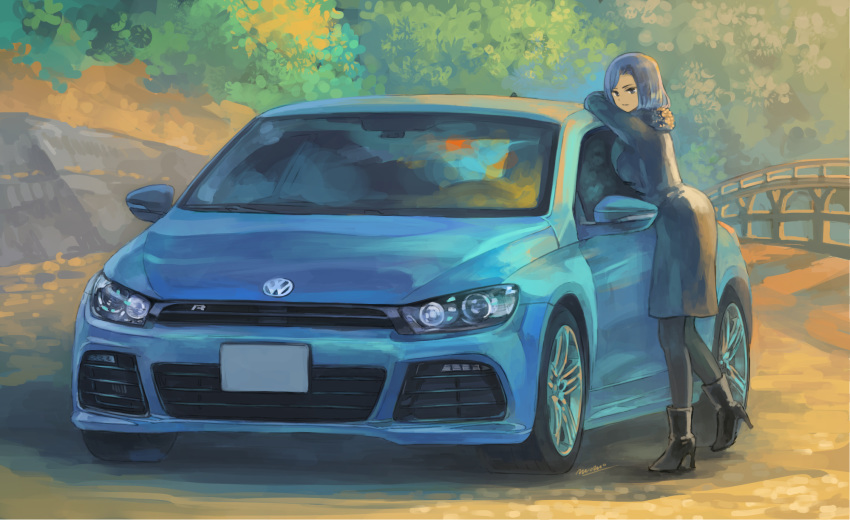 bent_over blue_eyes blue_hair car female highres jacket lying momo_hiki motor_vehicle original outdoors personification solo sports_car vehicle_and_personification vehicle_focus volkswagen volkswagen_golf