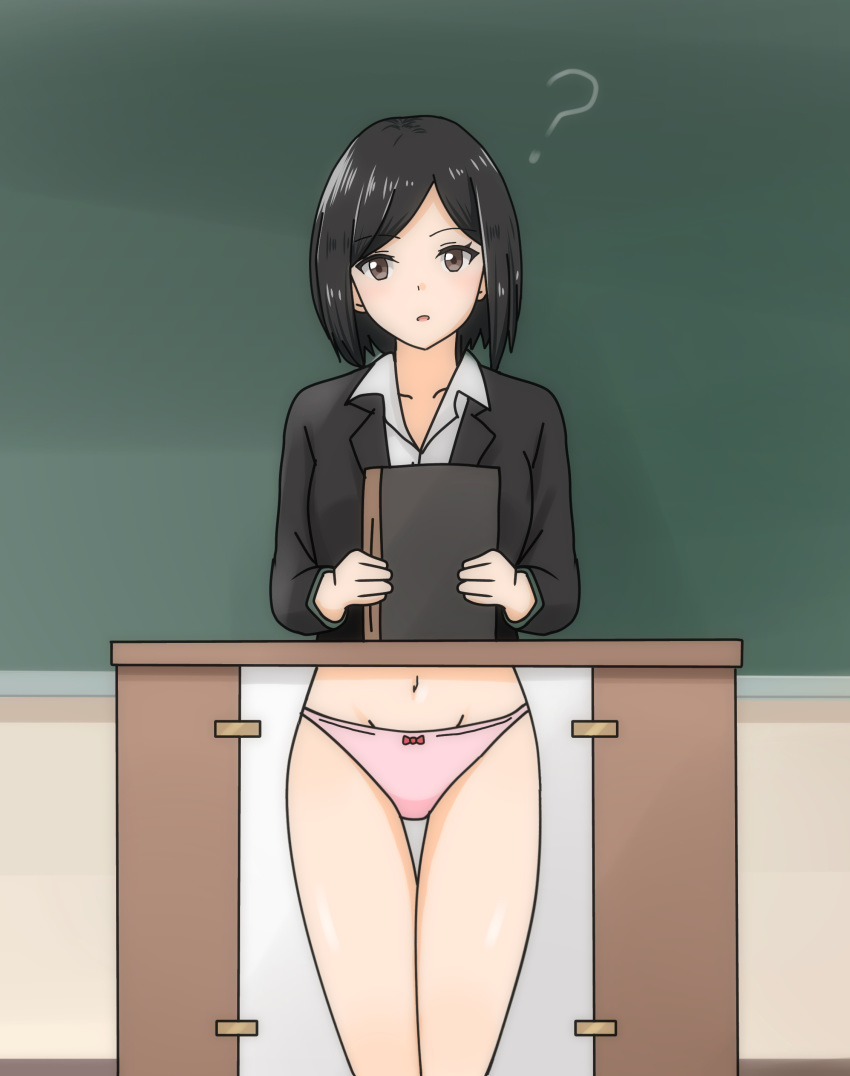 ? absurdres bad_id bad_pixiv_id black_hair bob_cut bow bow_panties brown_eyes chalkboard classroom commentary female formal highres original panties pink_panties poa_mellhen prank reverse_x-ray short_hair solo suit teacher underwear x-ray