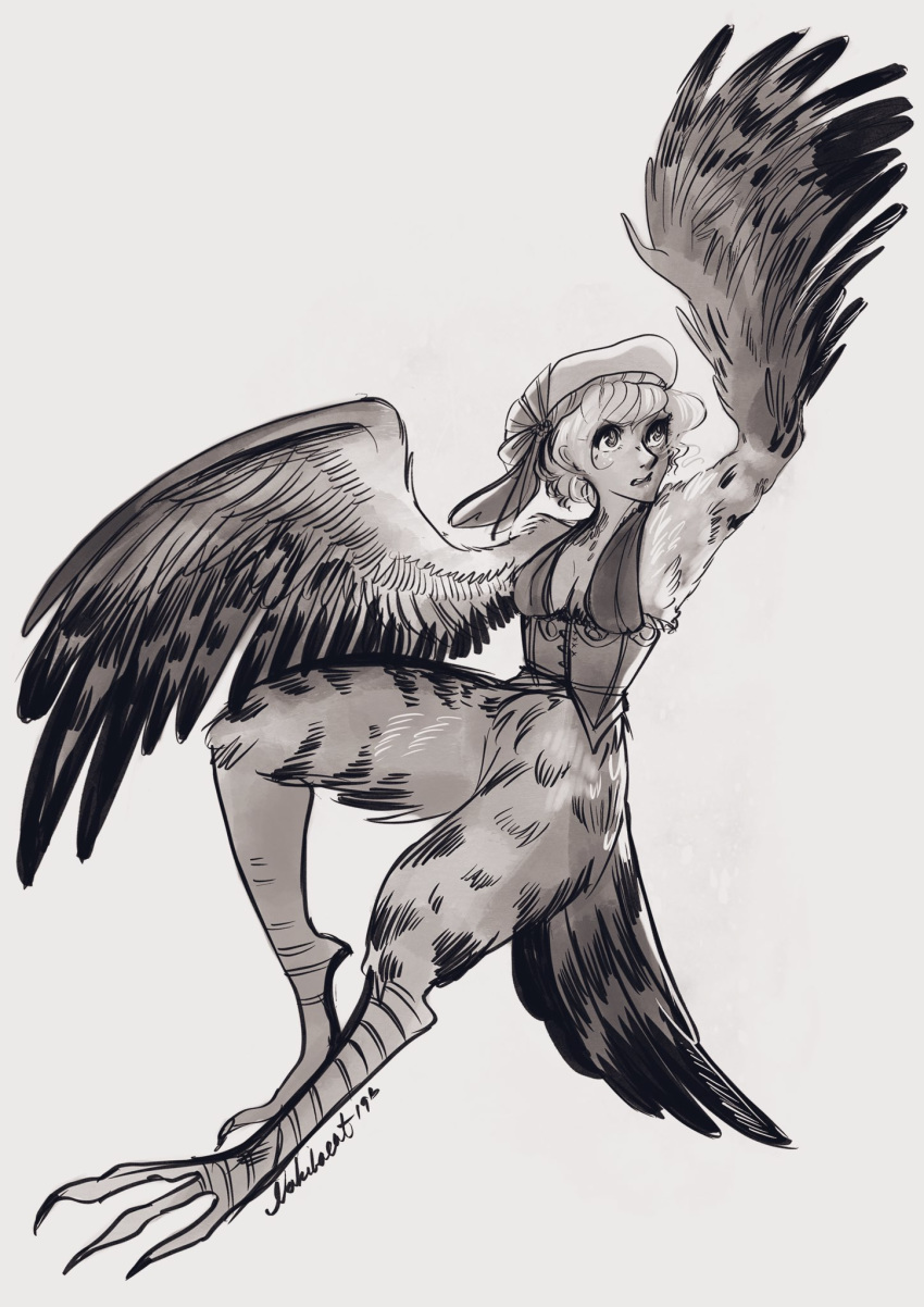 2019 anthro avian breasts clothing european_mythology feathered_wings feathers feet female greek_mythology harpy hat headgear headwear hi_res looking_up mythological_avian mythological_creature mythology nakitacat naturally_censored simple_background solo talons toes transformation white_background wings