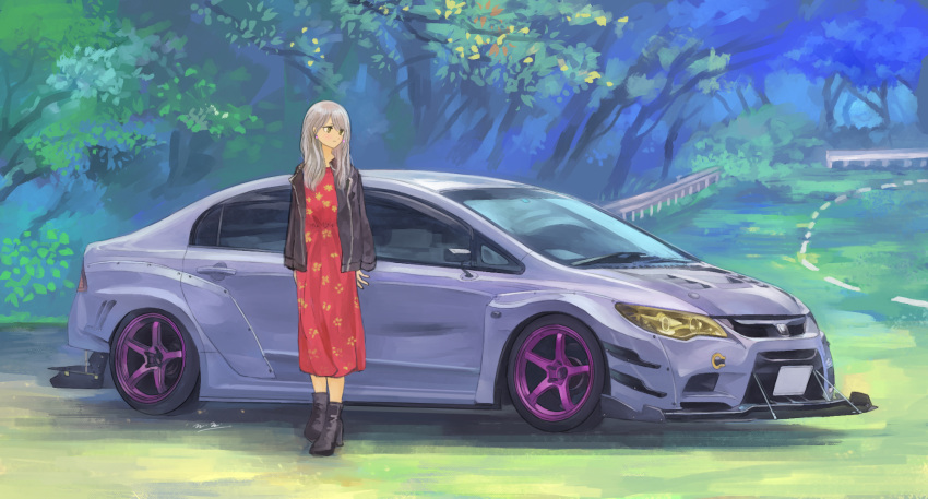 car dress female floral_print grey_hair highres honda honda_civic honda_civic_type_r jacket jacket_on_shoulders looking_to_the_side momo_hiki motor_vehicle original personification red_dress vehicle_and_personification vehicle_focus yellow_eyes