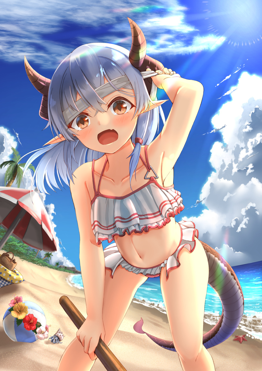 absurdres armpits bag ball bare_arms bare_shoulders beach_umbrella beachball bikini blindfold blindfold_lift blue_sky brown_eyes cloud collarbone commentary_request conch curled_horns day dragon_girl dragon_horns dragon_tail fanmianjun female flower flower_wreath frilled_bikini frills grey_hair highres holding horizon horns innertube leaning_forward lifting_own_clothes long_hair looking_at_viewer navel nyoon ocean open_mouth original outdoors palm_tree pink_flower pointy_ears red_flower sky solo standing starfish stick suikawari swim_ring swimsuit tail tree triangle_ring umbrella water white_bikini white_flower yellow_flower