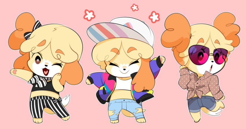 :d :o alternate_costume alternate_hairstyle animal_crossing arm_up bad_id bad_twitter_id baseball_cap black_bow black_shirt blonde_hair blue_jacket bow bowtie closed_eyes crop_top denim denim_shorts dog_girl female full_body furry furry_female green_jacket hairbow hat heart highres isabelle_(animal_crossing) jacket jeans long_hair midriff moosopp multicolored_clothes multicolored_jacket multiple_views no_shoes one_eye_closed open_mouth pants pink_jacket shirt shorts simple_background sleeves_past_wrists smile standing striped_bow striped_bowtie striped_clothes striped_pants sunglasses torn_clothes torn_pants vertical_stripes white_bow white_shirt