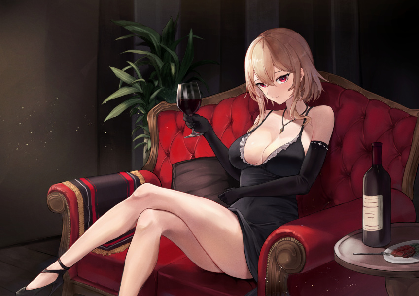 alcohol bad_id bad_pixiv_id bare_legs black_dress black_footwear black_gloves blonde_hair blue_oath bottle breasts cleavage couch crossed_legs cup dress drinking_glass elbow_gloves female food fork gloves high_heels highres indoors jewelry large_breasts looking_at_viewer necklace plant plate prinz_eugen_(blue_oath) red_eyes shichi_(ratorin53) shoes short_hair_with_long_locks sitting smile solo table wine wine_bottle wine_glass