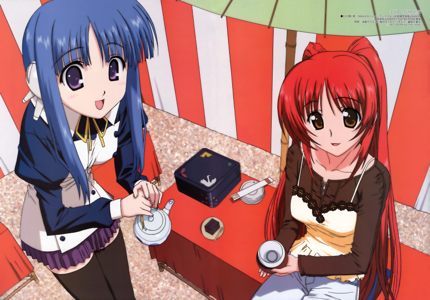 2girls :d absurdres android bench bento black_thighhighs blue_hair blush bowl brown_eyes buttons camisole casual cup food fork from_above highres holding ilfa_(to_heart) katou_yasuhisa kousaka_tamaki lace lace-trimmed_shirt lace_trim leaning_forward long_hair long_sleeves looking_at_viewer megami_magazine miniskirt multiple_girls non-web_source official_art oil-paper_umbrella open_mouth pants parted_bangs pillow plate pleated_skirt purple_eyes red_hair ribbon robot_ears scan shirt short_hair_with_long_locks sidelocks sitting skirt smile standing striped tea teapot thighhighs to_heart_(series) to_heart_2 twintails two_side_up umbrella very_long_hair zettai_ryouiki