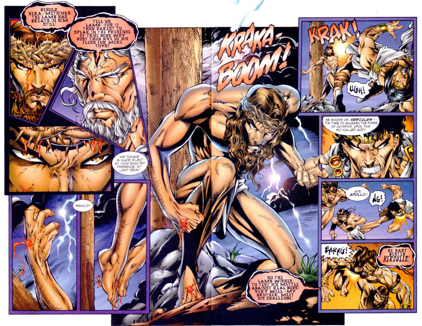 5boys apollo_(mythology) battle blood crossover heracles_(mythology) highres jesus manly multiple_boys rob_liefeld source_request western_comics_(style) zeus_(mythology)