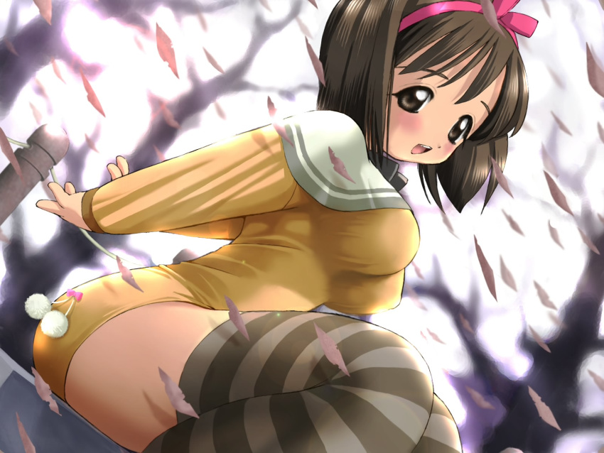 bare_tree breasts brown_eyes brown_hair brown_thighhighs dutch_angle female highres impossible_clothes large_breasts long_sleeves looking_at_viewer nikaime petals plant short_hair simple_background solo striped_clothes striped_thighhighs thighhighs togusa_masamu tree zettai_ryouiki