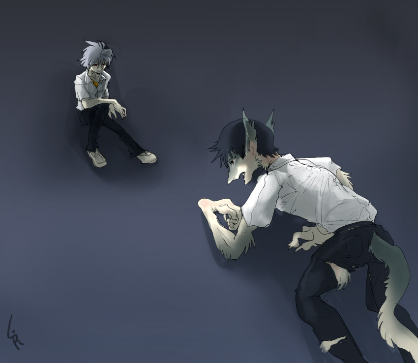 2009 anthro bodily_fluids claws clothed clothing digital_media_(artwork) duo fur gradient_background grey_background human humanoid kaworu_nagisa kiki-uma male mammal neon_genesis_evangelion sergal shinji_ikari signature simple_background sitting solo tail tears torn_clothing transformation vilous