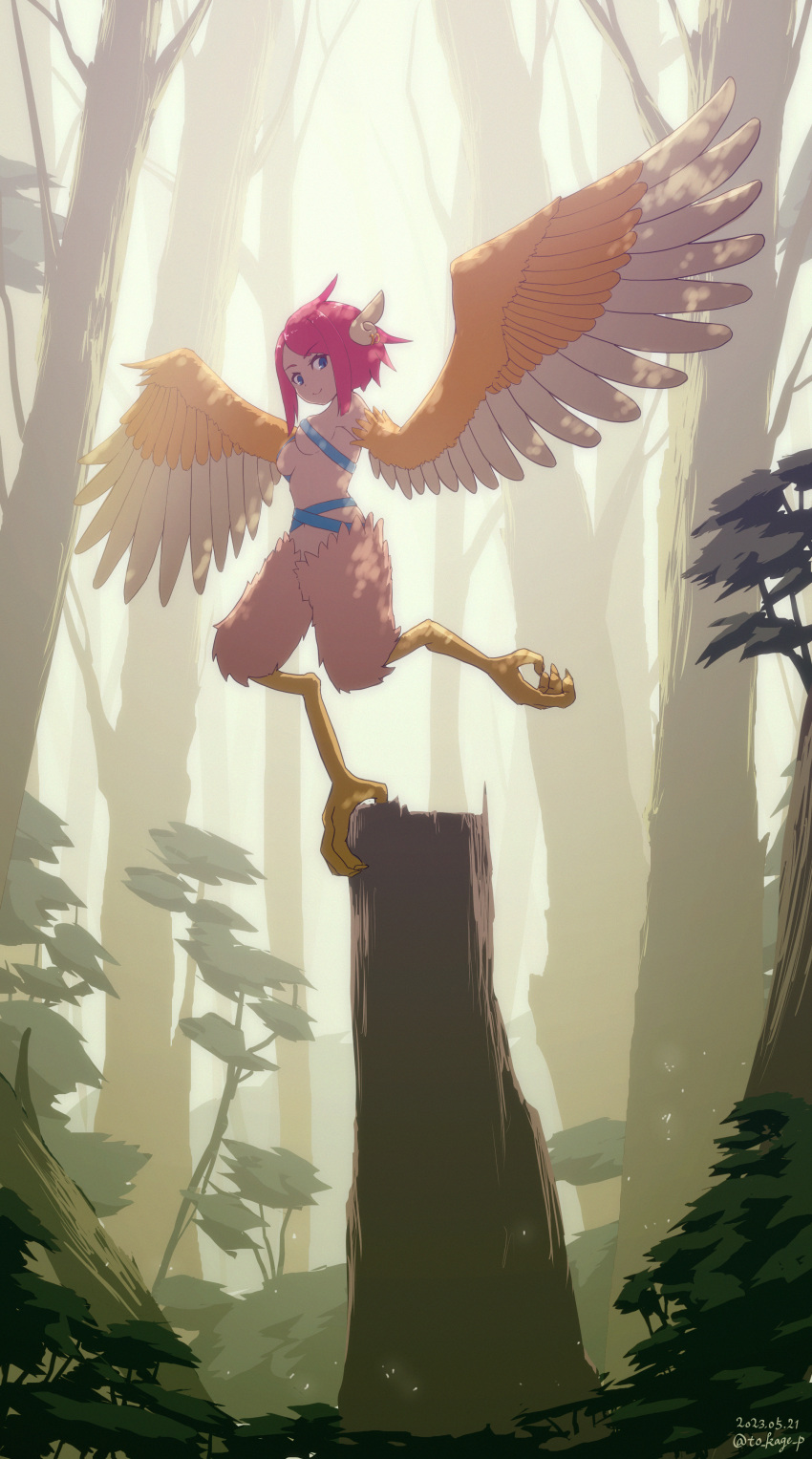 absurdres animal_ears bird_ears bird_legs blue_eyes breasts brown_feathers brown_wings earrings feathered_wings feathers female forest harpy highres jewelry looking_at_viewer mon-musu_quest! monster_girl nature outdoors pink_hair reina_(mon-musu_quest!) revealing_clothes short_hair_with_long_locks sidelocks small_breasts smile solo taking_off talons to_kage_p winged_arms wings