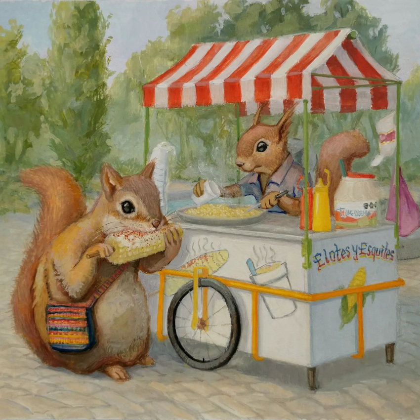 1:1 2021 bag biped black_eyes brown_body brown_fur clothed clothing container cooking corn corn_on_the_cob cup day detailed_background duo eating esquites eurasian_red_squirrel feral food food_cart fur gouache_(artwork) grey_squirrel hi_res joaquincarre jug ketchup_bottle mammal mayonnaise mustard_bottle outside painting_(artwork) plant purse rodent sciurid shirt sky slightly_chubby spanish_text tan_body tan_fur text topwear traditional_media_(artwork) tree tree_squirrel whiskers