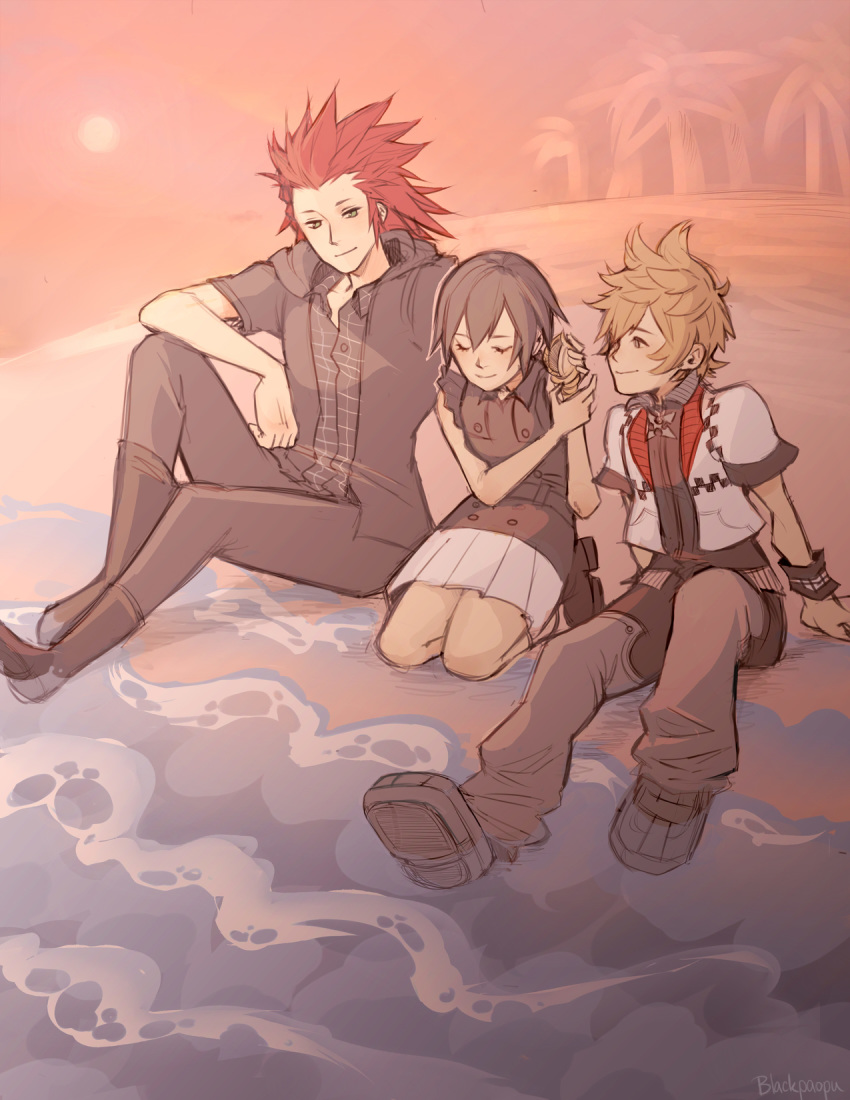 2boys axel_(kingdom_hearts) beach black_hair blackpaopu blonde_hair boots female highres kingdom_hearts kingdom_hearts_iii multiple_boys palm_tree red_hair roxas sand seashell shell sitting skirt smile spiked_hair sun sunset tree water white_skirt xion_(kingdom_hearts)