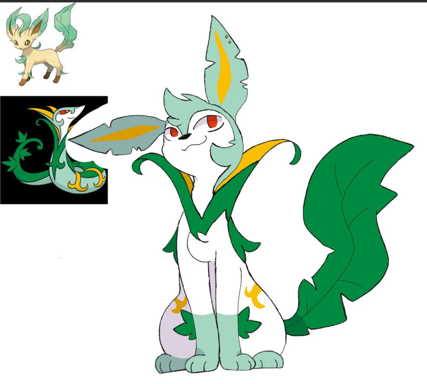 anthro chest_tuft ear_piercing eeveelution fur generation_4_pokemon generation_5_pokemon gloves_(marking) green_body green_fur green_hair green_tail hair hybrid leafeon leg_markings markings nintendo paws piercing pokemon pokemon_(species) red_eyes saffron_(ooc_pokeporn) serperior smile socks_(marking) solo strawberryvixen tail tail_markings tuft white_body white_fur yellow_body yellow_fur