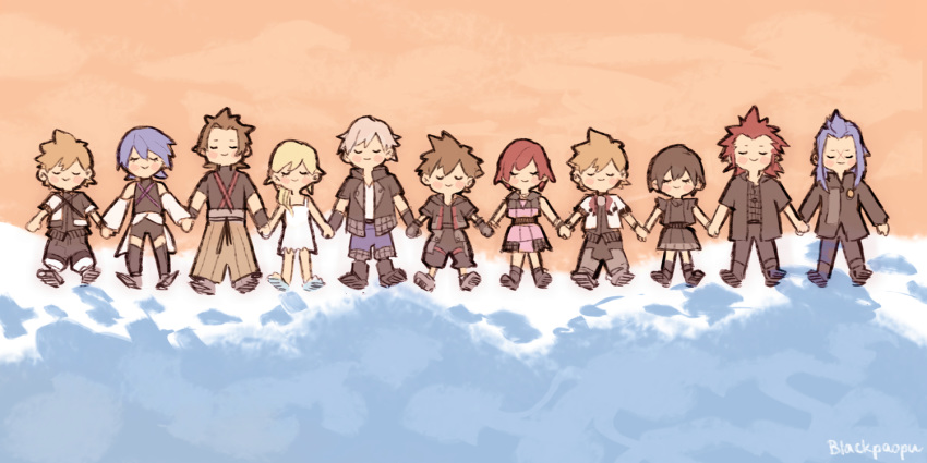 4girls 6+boys aqua_(kingdom_hearts) axel_(kingdom_hearts) beach blackpaopu blush_stickers boots dress everyone holding_hands isa_(kingdom_hearts) jacket kairi_(kingdom_hearts) kingdom_hearts kingdom_hearts_iii lea_(kingdom_hearts) lying multiple_boys multiple_girls namine on_back riku_(kingdom_hearts) roxas sand short_dress short_hair skirt sleeveless sora_(kingdom_hearts) spiked_hair spoilers terra_(kingdom_hearts) ventus_(kingdom_hearts) water white_dress xion_(kingdom_hearts)