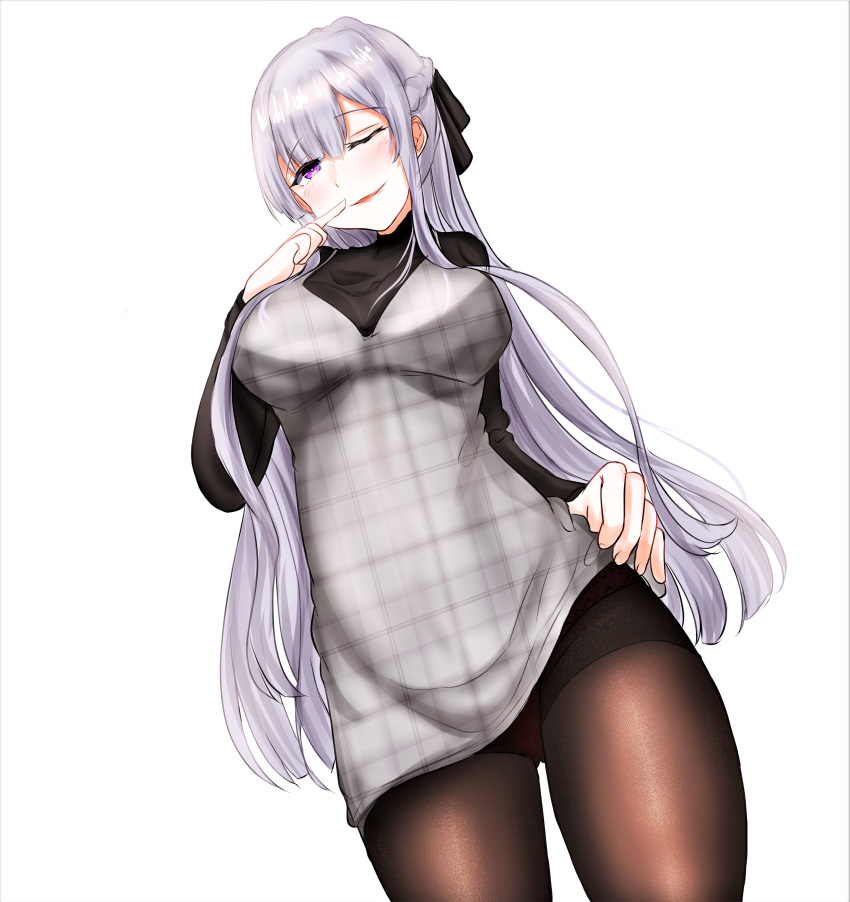 absurdres ak-12_(girls'_frontline) black_pantyhose black_ribbon black_shirt blush braid breasts closed_mouth dress female finger_to_mouth french_braid from_below girls'_frontline grey_dress grey_hair hair_ribbon hand_on_own_hip highres large_breasts lifting_own_clothes lips long_hair looking_at_viewer one_eye_closed panties panties_under_pantyhose pantyhose peroronti purple_eyes red_panties ribbon shirt solo standing underwear white_background