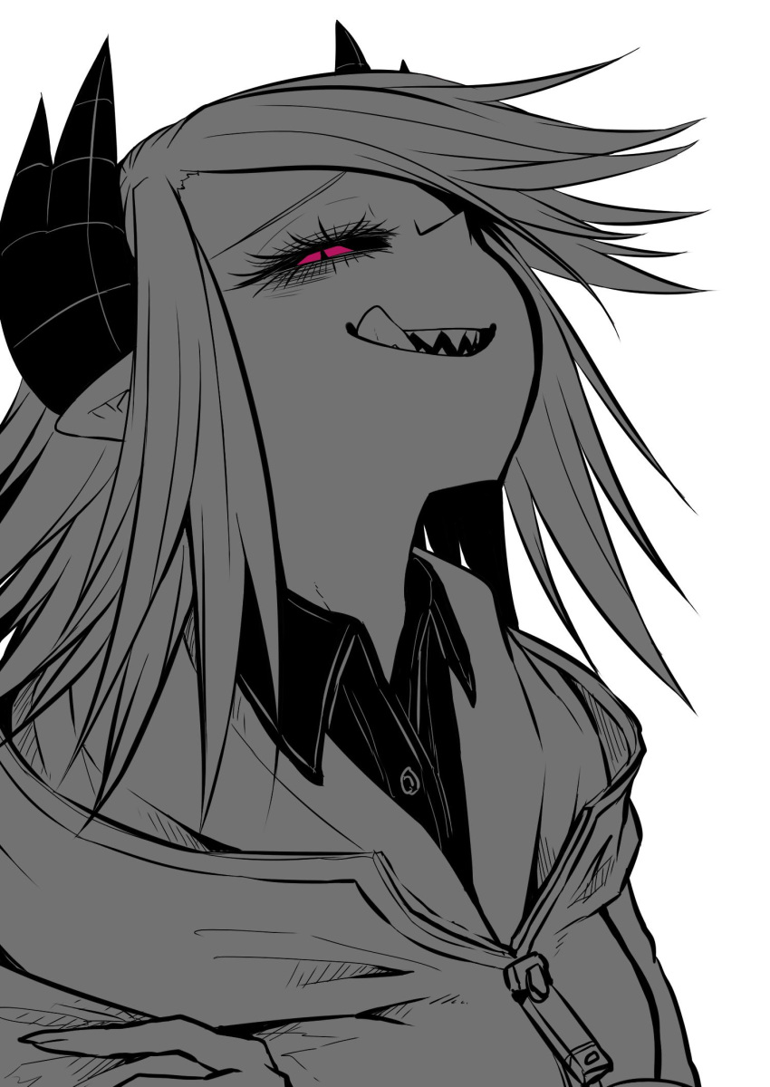 :d :q commentary_request dolores_(mazohaha) female greyscale highres horns looking_at_viewer monochrome musuko_ga_kawaikute_shikatanai_mazoku_no_hahaoya open_mouth red_eyes sharp_teeth short_hair signature simple_background slit_pupils smile solo spot_color teeth tongue tongue_out upper_body white_background zyugoya