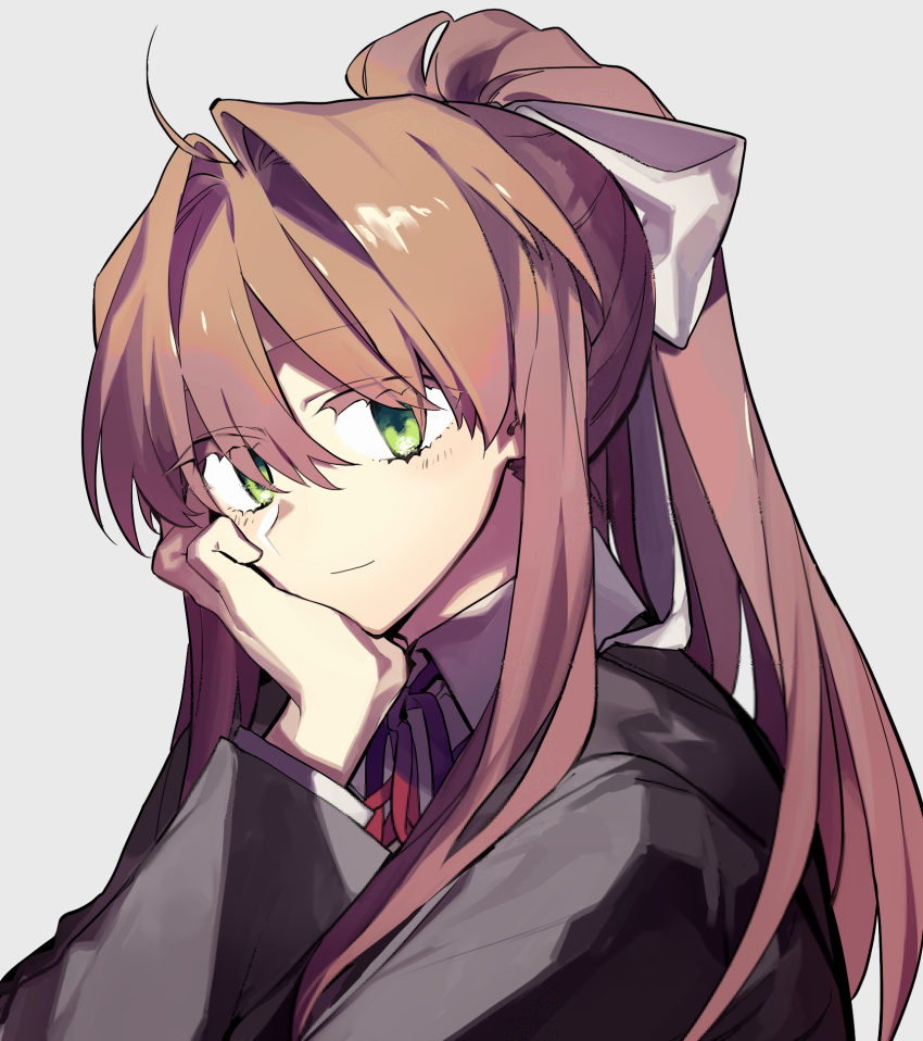 brown_hair collar doki_doki_literature_club female green_eyes hair_ribbon head_in_hand higa423 highres long_hair looking_at_viewer monika_(doki_doki_literature_club) ponytail ribbon school_uniform smile white_collar white_ribbon