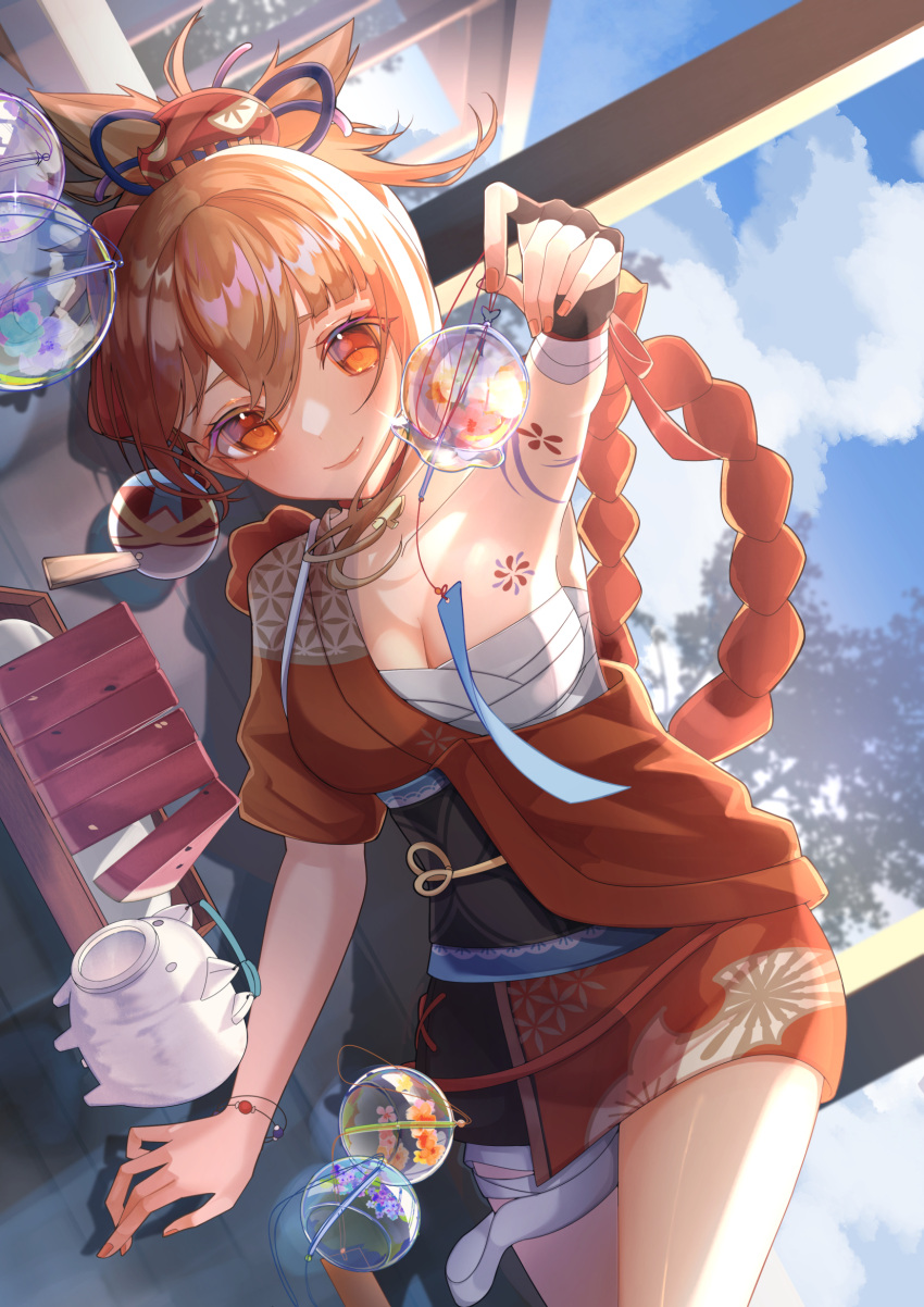 blue_sky breasts cleavage cloud female fingerless_gloves genshin_impact gloves hair_ornament highres japanese_clothes kimono lying medium_breasts natsuki_yoru orange_eyes orange_hair orange_kimono piggy_bank ponytail sarashi sky smile tattoo yoimiya_(genshin_impact)