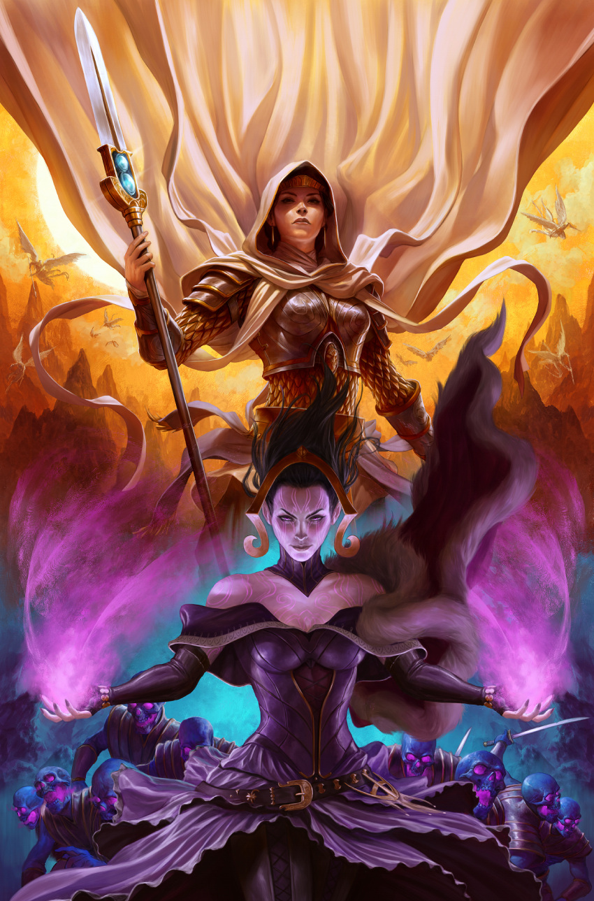 2girls armor capelet colored_skin comic_cover cover cover_page dave_rapoza detached_collar dress earrings elspeth_tirel english_commentary fantasy floating_hair flying fur_capelet glowing glowing_eyes gold_headband highres holding holding_polearm holding_weapon hood jewelry knight liliana_vess looking_at_viewer magic:_the_gathering multiple_girls off-shoulder_dress off_shoulder official_art open_hands open_mouth polearm purple_dress purple_eyes purple_hair purple_skin realistic skeleton spear weapon wings