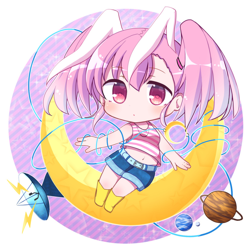 animal_ears bare_arms bare_shoulders blue_shorts boots breasts chibi closed_mouth commentary_request copyright_request crescent crop_top diagonal_stripes female hair_between_eyes highres lightning_bolt_symbol looking_at_viewer midriff navel pink_hair planet planetary_ring rabbit_ears red_eyes rensei satellite_dish shirt short_shorts shorts sleeveless sleeveless_shirt small_breasts solo striped_background striped_clothes striped_shirt twintails yellow_footwear