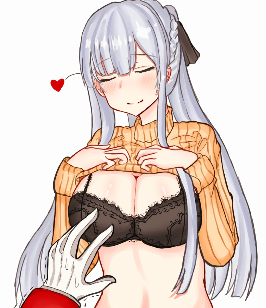 ak-12_(girls'_frontline) black_bra black_ribbon blush bra braid breasts cleavage closed_eyes closed_mouth clothes_lift female french_braid girls'_frontline gloves grey_hair hair_ribbon hands_on_own_chest heart heart_print highres large_breasts long_hair out_of_frame peroronti pov pov_hands ribbon solo_focus sweater sweater_lift underwear white_background white_gloves yellow_sweater