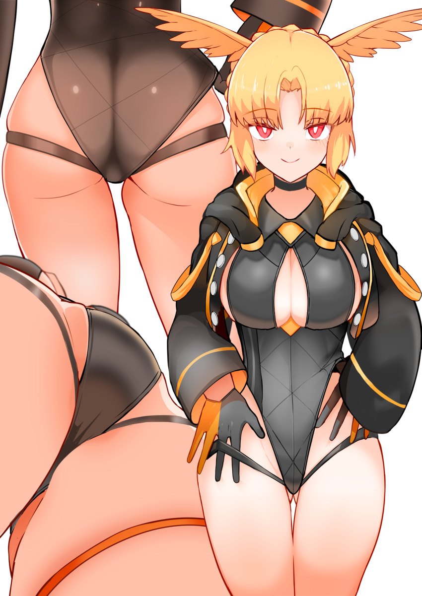 adjusting_clothes adjusting_swimsuit ass ass_visible_through_thighs black_one-piece_swimsuit blonde_hair blush breasts casual_one-piece_swimsuit cleavage cleavage_cutout closed_mouth clothing_cutout commentary_request fate/grand_order fate_(series) female from_behind from_below gloves head_wings highleg highleg_swimsuit highres jacket long_sleeves looking_at_viewer multiple_views one-piece_swimsuit red_eyes rindr_(fate) short_hair simple_background smile swimsuit thigh_gap thighs valkyrie_(fate) white_background wings yoosai