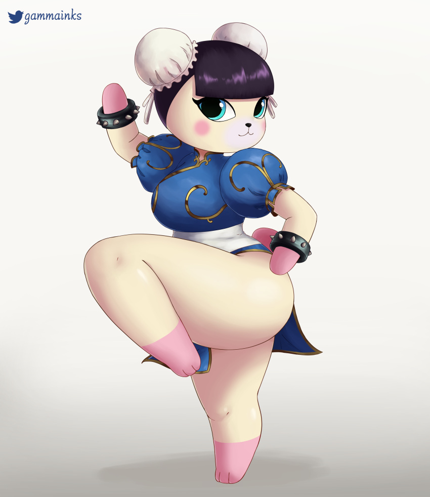 absurd_res animal_crossing anthro asian_clothing bear blush bracelet capcom chinese_clothing chinese_dress chun-li clothing cosplay crossover crossover_cosplay dress east_asian_clothing female gammainks giant_panda hi_res jewelry mammal nintendo pekoe_(animal_crossing) raised_leg solo spiked_bracelet spikes street_fighter thick_thighs