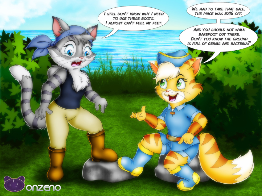 anthro boots clothing dialogue domestic_cat duo english_text felid feline felis female footwear mammal onzeno text