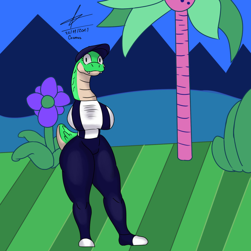 1:1 anthro armless ass black_clothing black_hat black_headwear blue_clothing blue_hat blue_headwear breasts clothing cosmosarts female flat_cap green_body hat headgear headwear hi_res lucy_swallows navy_blue_hat non-mammal_breasts reptile scalie snake solo