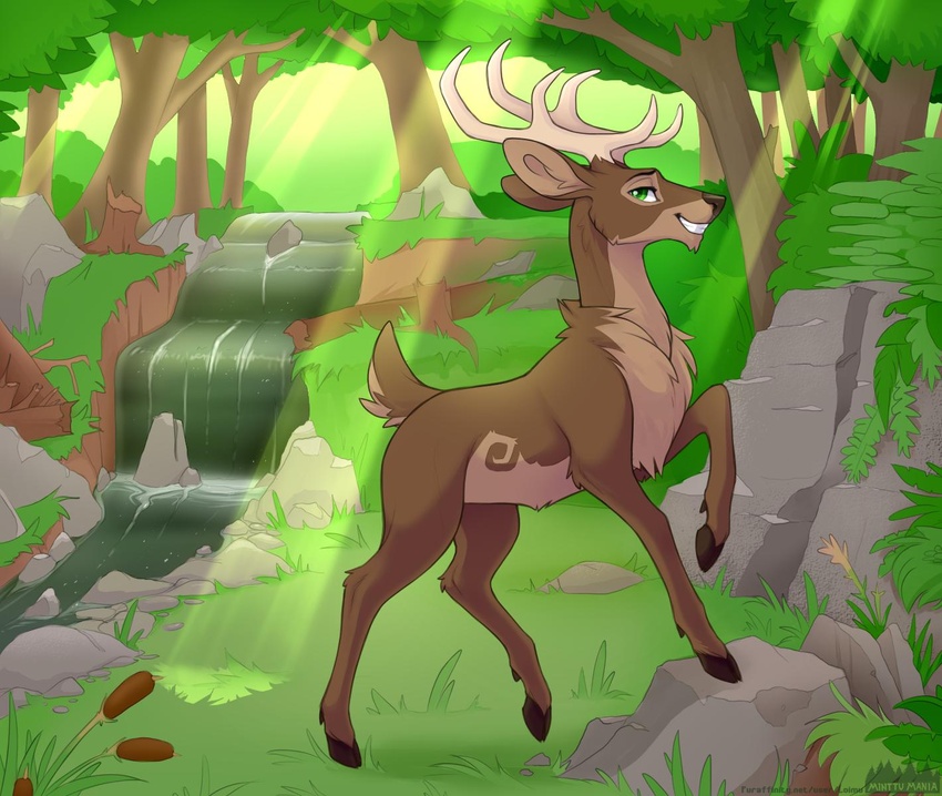 2019 antlers brown_body brown_fur deer detailed_background feral forest fur grass green_eyes hi_res hooves horn loimu male mammal outside plant rock solo standing tree water