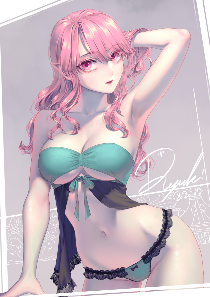 aqua_panties arm_behind_head armpits babydoll bare_shoulders blush breasts cleavage collarbone elf female groin highres lace lace-trimmed_panties lace_trim large_breasts long_hair looking_at_viewer navel original panties pink_eyes pink_hair pink_lips pointy_ears ryuki@maguro-ex solo thighs underwear wavy_hair