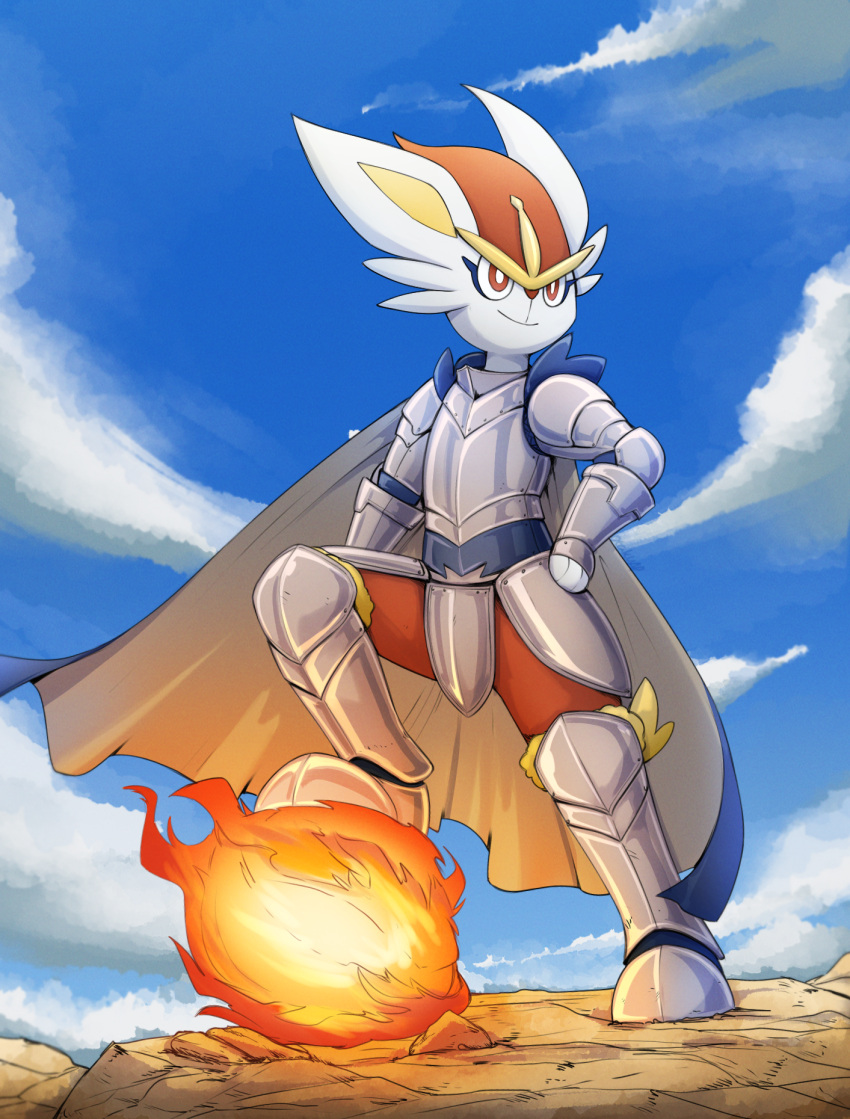 2022 armor cape cinderace clothing cloud fire fireball fur generation_8_pokemon hi_res knight lagomorph land leporid male mammal nintendo otakuap pokemon pokemon_(species) pyroball raised_leg sky smile solo warrior white_body white_fur