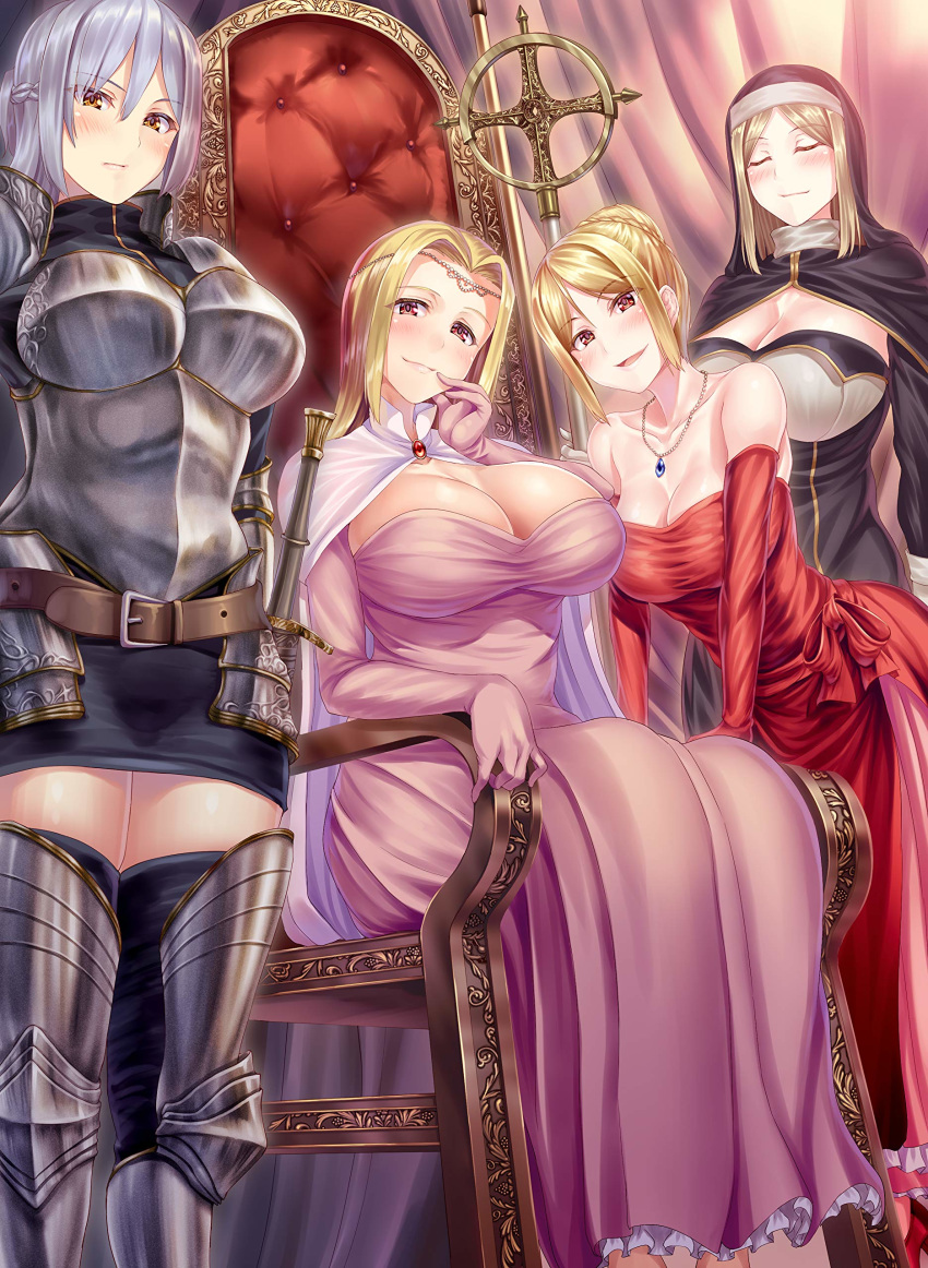 4girls :d absurdres armor belt black_legwear blonde_hair blush braid breasts cape circlet cleavage closed_mouth cover_image dress elbow_gloves gauntlets gloves greaves habit highres isekai_harem_monogatari jewelry knight large_breasts leonora_ofallon long_hair looking_at_viewer marie_franziska_leeds_de_rechebourg medium_breasts multiple_girls necklace novel_illustration nun official_art open_mouth pink_dress pink_gloves red_dress red_eyes red_gloves short_hair shoulder_armor sidelocks sitting smile sophie_elisabeth_irail sword tachibana_omina thighhighs tianne_rutheim weapon white_hair