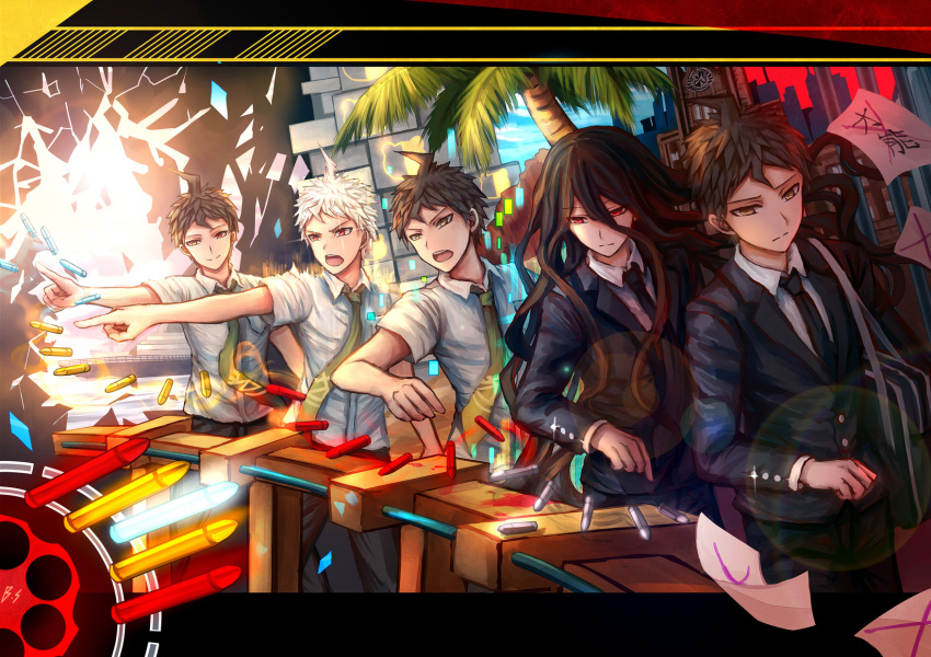 1boy ahoge black_jacket black_neckwear black_pants brown_hair bullet commentary_request danganronpa danganronpa_3 eyebrows_visible_through_hair formal green_eyes green_neckwear hair_between_eyes highres hinata_hajime jacket long_hair long_sleeves multiple_views necktie pants shirt short_hair short_sleeves smile spoilers standing super_danganronpa_2 white_hair white_shirt zhuo_ying