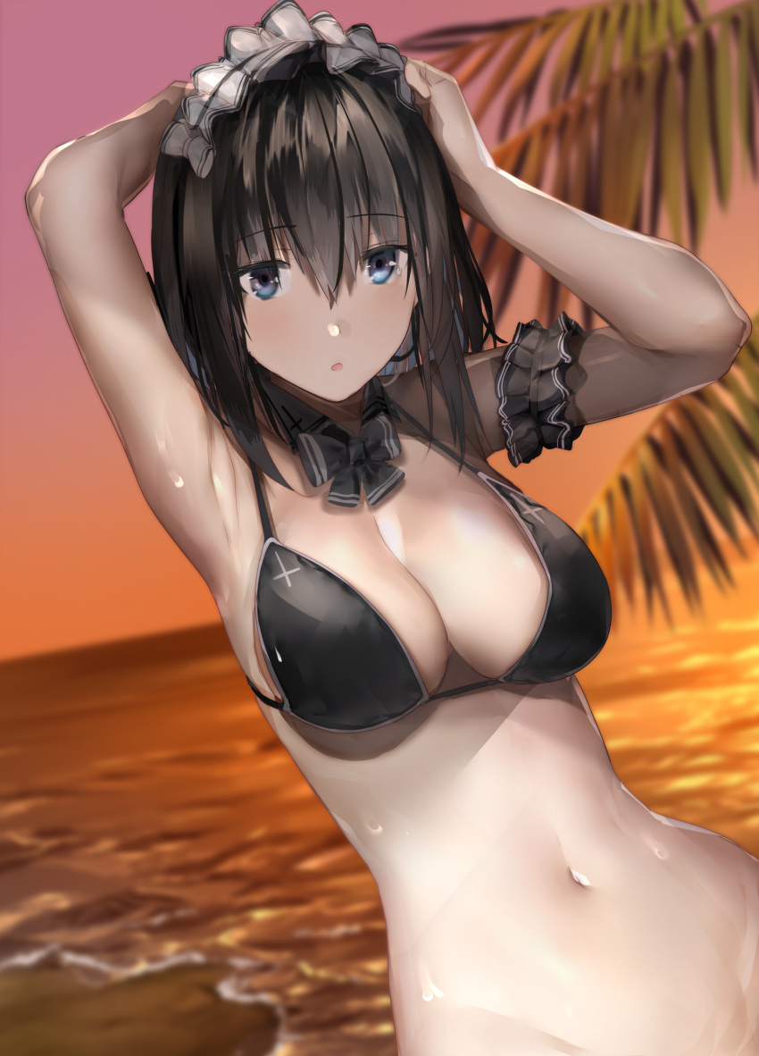 araido_kagiri arm_garter armpits arms_up bare_arms beach bikini bikini_top_only black_bikini black_hair blue_eyes blurry blurry_background bottomless bow bowtie breasts cleavage commentary_request detached_collar female gradient_sky hair_between_eyes headdress highres large_breasts looking_at_viewer maid maid_headdress medium_hair navel ocean orange_sky original outdoors palm_leaf parted_lips sky solo stomach sunset swimsuit wet