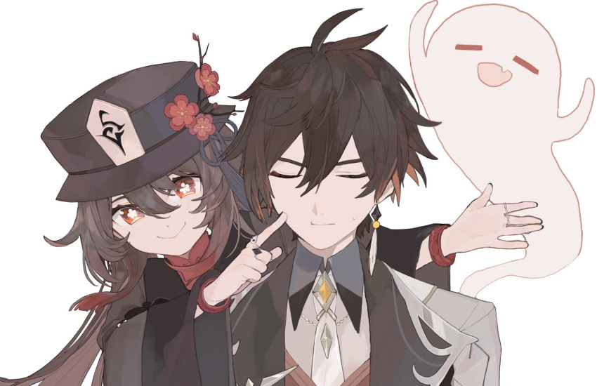 1boy :> :d =_= ahoge black_dress black_hair black_headwear black_nails boo_tao_(genshin_impact) brown_hair cheek_poking closed_eyes commentary dress earrings female flower flower-shaped_pupils formal genshin_impact ghost gradient_hair hat hat_flower highres hu_tao_(genshin_impact) jewelry long_hair long_sleeves mogomaco multicolored_hair multiple_rings nail_polish necktie orange_hair plum_blossoms poking red_eyes red_flower ring simple_background single_earring skin_tight smile suit sweatdrop symbol-shaped_pupils upper_body white_background white_necktie zhongli_(genshin_impact)