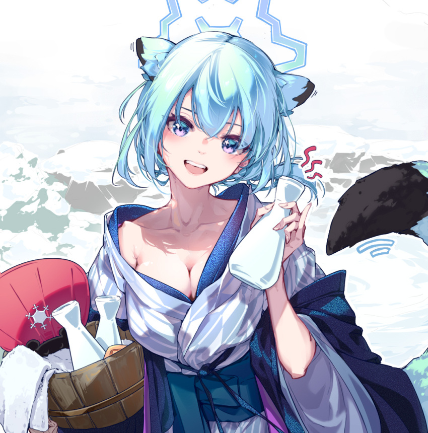 animal_ears armpit_crease blue_archive blue_hair bottle breasts chinese_commentary cleavage collarbone commentary_request female halo hand_fan haori head_tilt japanese_clothes linxi long_sleeves official_alternate_costume onsen open_mouth outdoors paper_fan ponytail purple_eyes sake_bottle sash shigure_(blue_archive) shigure_(hot_spring)_(blue_archive) short_hair smile snow solo star_(symbol) star_in_eye symbol_in_eye tail towel wide_sleeves