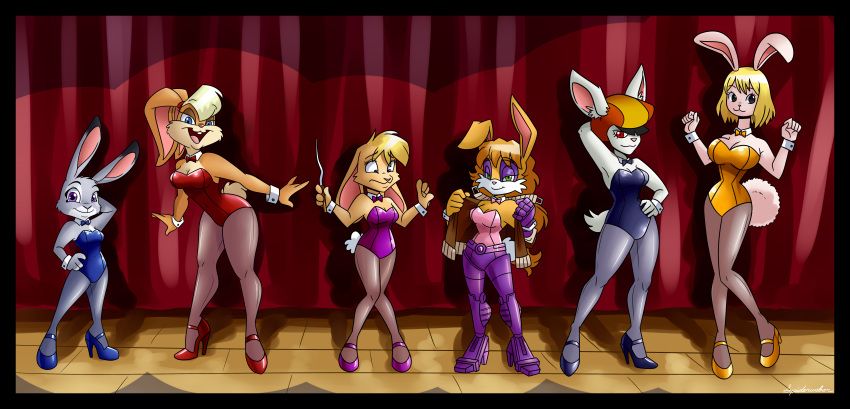 absurd_res activision anthro archie_comics bianca_(spyro) big_breasts black_border border bow_(feature) bow_in_front bow_tie breasts buckteeth bunnie_rabbot bunny_costume carrot_(one_piece) cleavage clothed clothing contest costume crossover cybernetics cyborg disney dragon_ball dragon_ball_super female footwear front_view group hand_behind_head hat headgear headwear hi_res high_heels jacket jacket_over_leotard judy_hopps lagomorph legwear leotard leporid lineup lola_bunny looney_tunes machine mammal on_stage one_piece playboy_bunny rabbit sega shirt_cuffs sonic_the_hedgehog_(archie) sonic_the_hedgehog_(comics) sonic_the_hedgehog_(series) sorrel spiderweber spotlight spyro_the_dragon stage standing strapless_clothing strapless_leotard teeth tights topwear wand warner_brothers zootopia