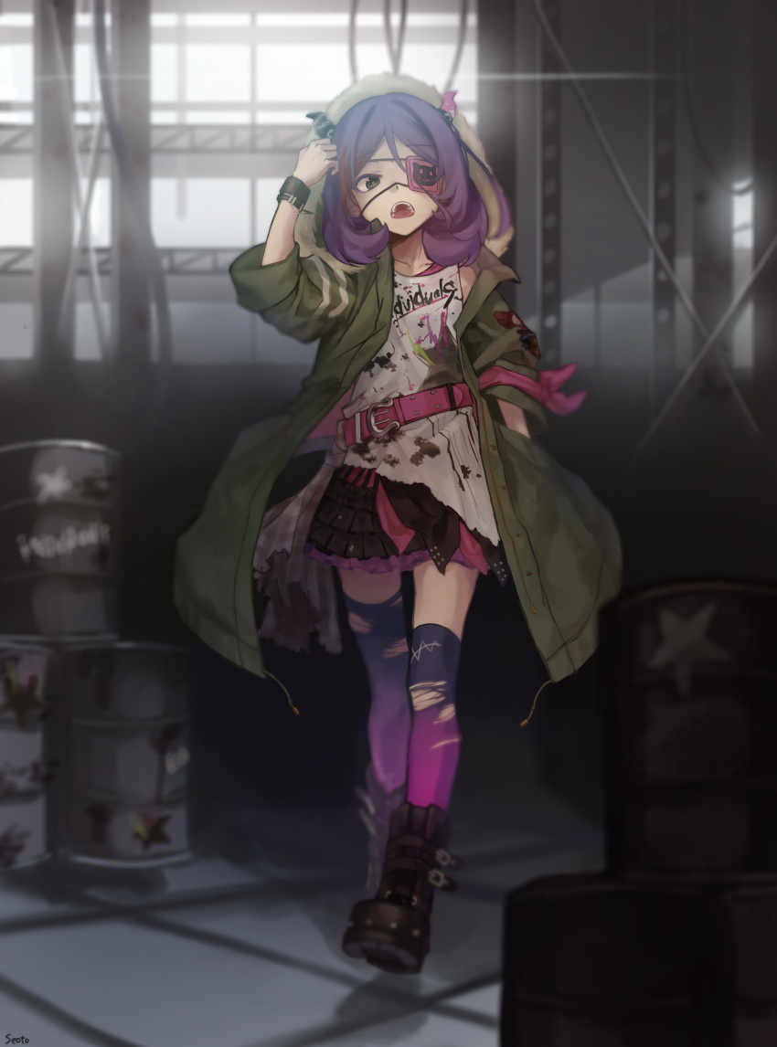 absurdres armband backlighting bad_id bad_pixiv_id barrel belt belt_buckle boots brown_eyes buckle clothes_writing coat commentary eyepatch factory fake_horns female full_body fur_trim gradient_legwear hand_in_pocket hayasaka_mirei highres hood hooded_coat horns idolmaster idolmaster_cinderella_girls idolmaster_cinderella_girls_starlight_stage individuals_(idolmaster) looking_at_viewer multicolored_clothes multicolored_hair oerba_yun_fang open_clothes open_coat open_mouth purple_hair shirt skirt sleeves_rolled_up solo streaked_hair thighhighs torn_clothes torn_thighhighs undershirt wristband yul_(user_gyut3424)