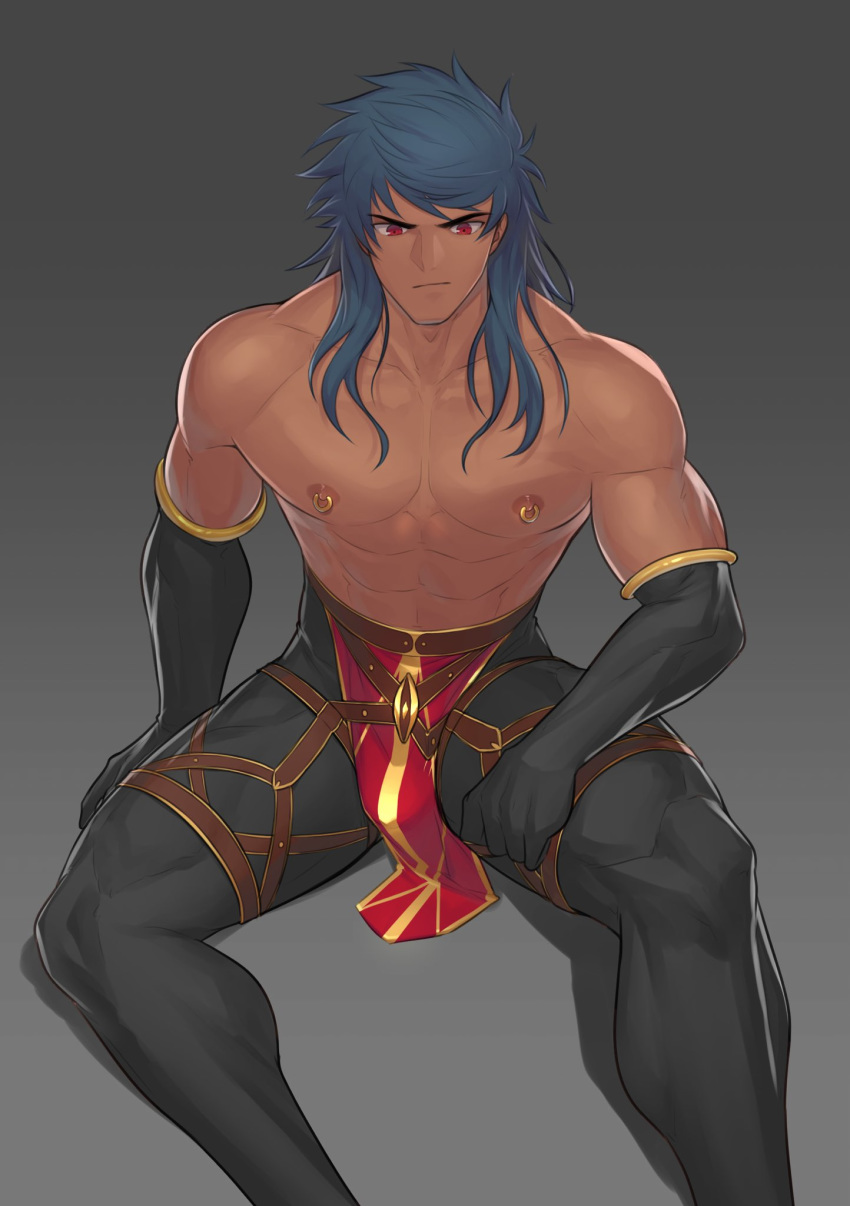 1boy abs bara bare_shoulders blue_hair bulge commentary_request dark_blue_hair dark_skin detached_sleeves earrings fate/grand_order fate_(series) gradient_background greco-roman_clothes highres hunterkay jewelry large_pectorals long_hair looking_at_viewer male_focus muscular muscular_male nipple_piercing pants pectorals pelvic_curtain piercing red_eyes roman_clothes romulus_quirinus_(fate) solo tight_clothes tight_pants topless_male