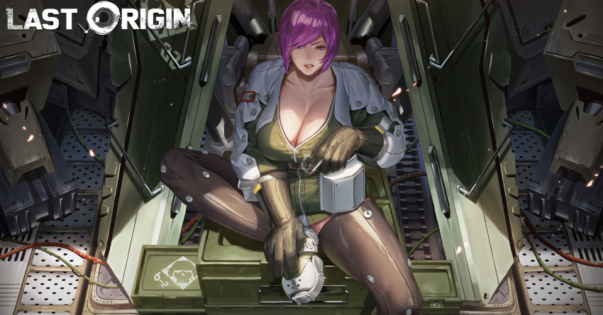 absurdres armored_boots bad_id bad_pixiv_id black_gloves black_legwear bloody_panther_(last_origin) boots breasts cable cigarette cleavage collarbone container cyberpunk dress female gloves green_dress highres holding holding_cigarette incredibly_absurdres large_breasts last_origin machinery parted_lips photoshop_(medium) purple_eyes purple_hair science_fiction short_hair sitting smoke thighhighs uronte