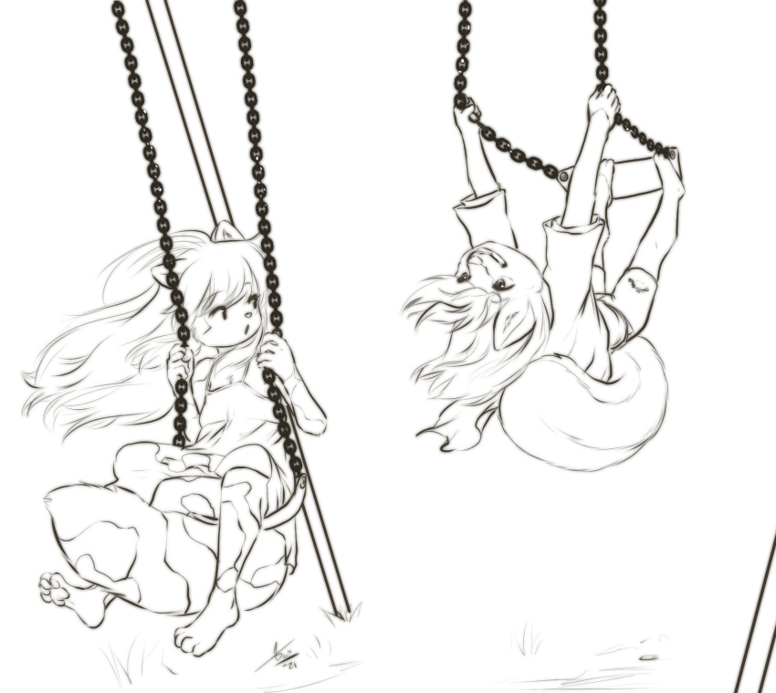 2021 action_pose aniko_rose anthro aogami calico_cat canid canine canis clothed clothing domestic_cat domestic_dog dress duo felid feline felis female fur greyscale hair hi_res looking_back mammal monochrome mottled piebald pose selene_blackcat swinging swings swingset