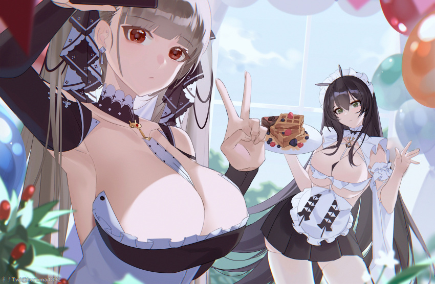 2girls apron azur_lane balloon between_breasts black_dress black_hair black_nails black_skirt blueberry breasts cleavage contrapposto detached_collar dress food formidable_(azur_lane) frilled_apron frilled_dress frills fruit green_eyes grey_hair hair_ribbon highres holding holding_plate huge_breasts indomitable_(azur_lane) indomitable_(ms._motivationless_maid)_(azur_lane) kuruma1892 long_hair looking_at_viewer maid_headdress miniskirt multiple_girls necktie necktie_between_breasts official_alternate_costume pantyhose plate red_eyes ribbon skirt strawberry twintails two-tone_dress two-tone_ribbon upper_body v very_long_hair waffle white_apron white_dress white_pantyhose