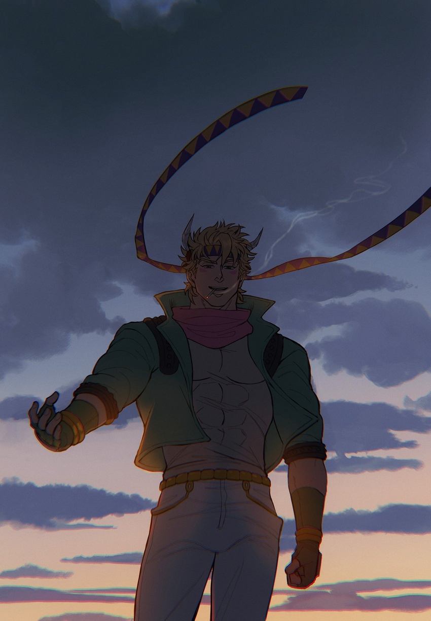 1boy abs battle_tendency blonde_hair caesar_anthonio_zeppeli catneylang chromatic_aberration cigarette commentary_request facial_mark feather_hair_ornament feathers fingerless_gloves gloves green_jacket hair_ornament headband highres jacket jojo_no_kimyou_na_bouken male_focus smoking solo sunset triangle_print wrist_cuffs