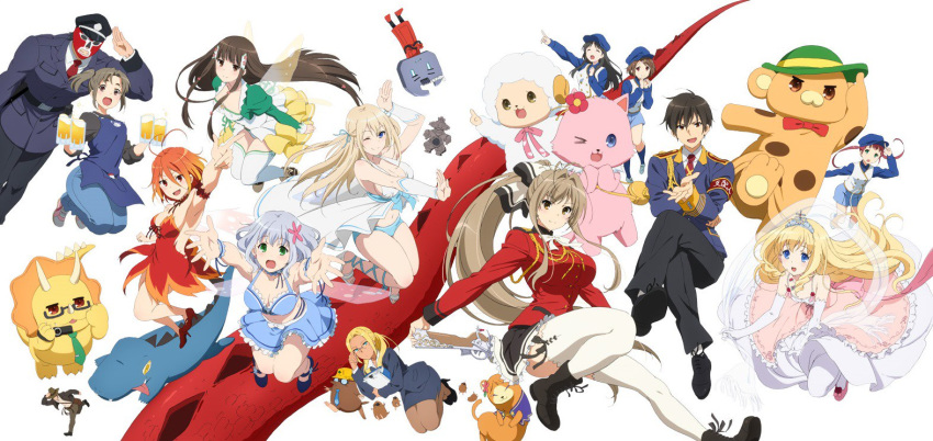 3boys 6+girls :d ;) ;d alcohol amagi_brilliant_park antenna_hair apron ashe_(amaburi) bandou_biino beer beer_mug bow breasts camera chuujou_shiina cleavage commentary_request cup dragon dress eastern_dragon fairy_wings floating formal frilled_dress frilled_skirt frills gun hair_ornament hairbow kanie_seiya koborii_(amaburi) large_breasts latifa_fleuranza long_hair looking_at_viewer macaron_(amaburi) medium_breasts midriff moffle mug multiple_boys multiple_girls muse_(amaburi) navel neck_ribbon office_lady official_art one_eye_closed open_mouth ponytail ribbon salama_(amaburi) salute sento_isuzu short_hair simple_background skirt skirt_suit small_breasts smile suit sylphy_(amaburi) takami_seno thighhighs tiara tiramii uniform very_long_hair weapon white_background wings zettai_ryouiki