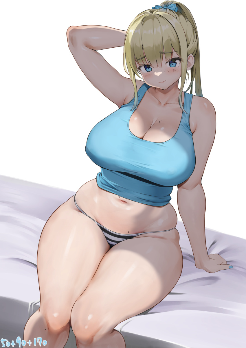 arm_support arm_up aymusk bed_sheet blonde_hair blue_camisole blue_eyes blush breasts camisole cleavage closed_mouth collarbone commentary commentary_request covered_nipples curvy female freckles-chan_(aymusk) hair_ornament hair_scrunchie highres huge_breasts long_hair looking_at_viewer mole mole_on_breast nail_polish navel original panties scrunchie sidelocks sitting solo striped_clothes striped_panties thick_thighs thighs underwear white_background white_panties